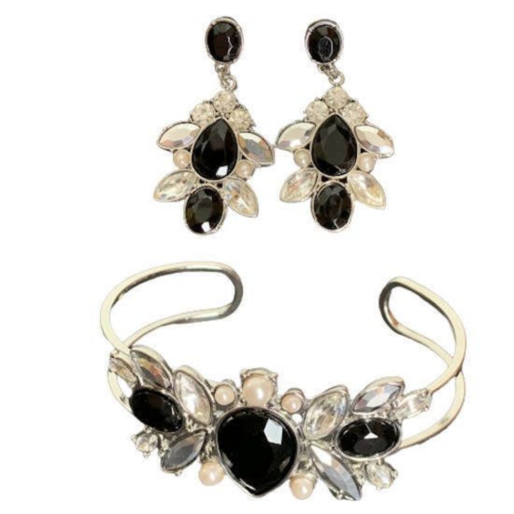 Elegant Black Crystal Jewelry Set NEW Bracelet + Drop Earrings Party Wedding